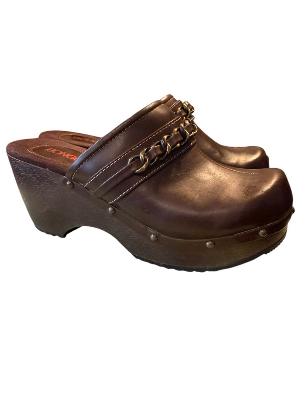 Bongo Brown Leather Platform Clog Mules Chain Detail Size 8 - Picture 2 of 8